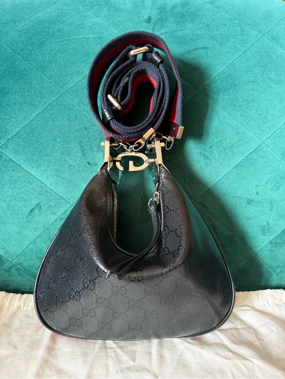 Gucci GG Monogram Crescent Shoulder Bag Glossy Black Red Green Stripe Silver